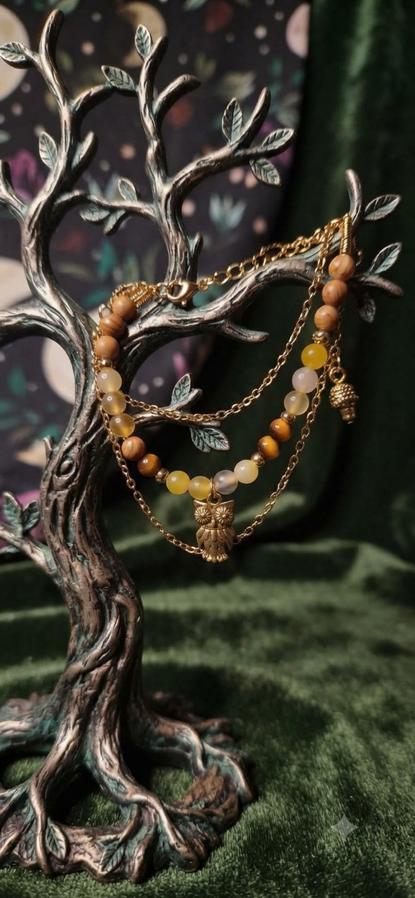 Bracelet Double Rang Agate et bois fossile "Chouette des Bois"