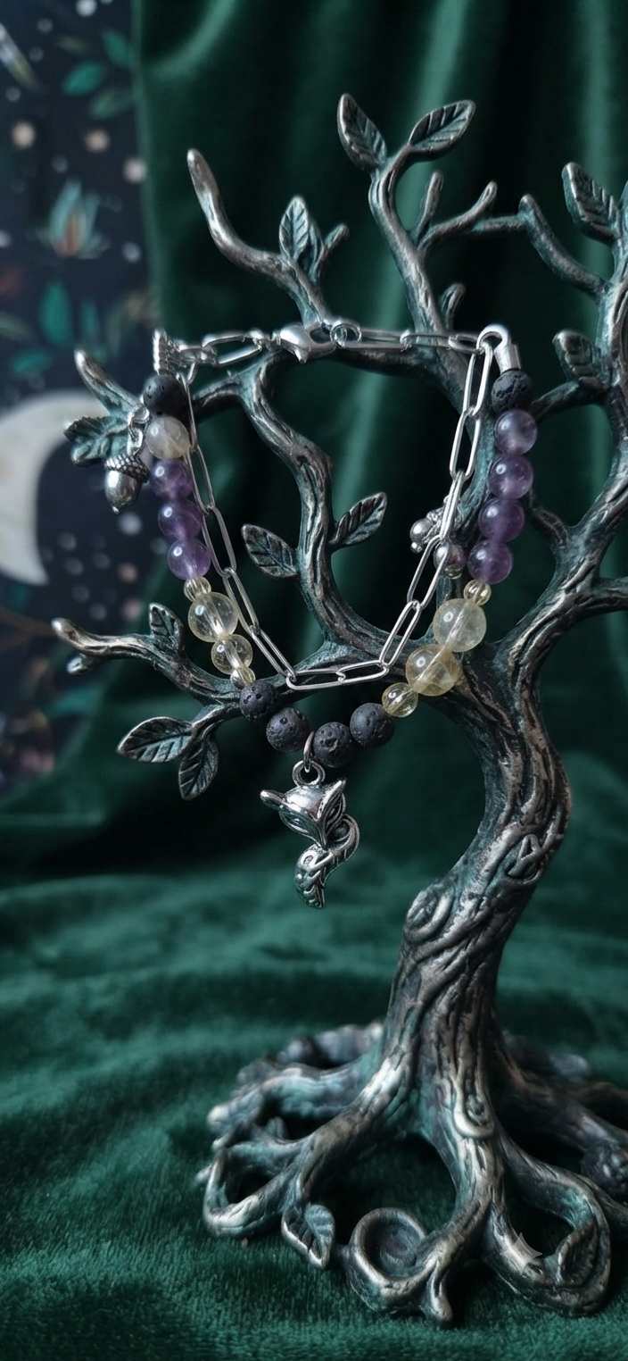 Bracelet Double Rang Pierre de lave et Améthyste "Renard des Bois"