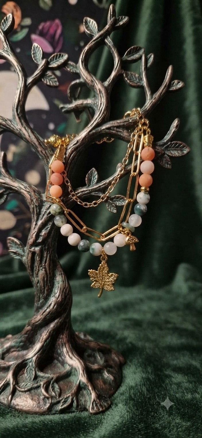 Bracelet Double Rang Tourmaline Rose et Agate Arbre "Canopée Dorée"