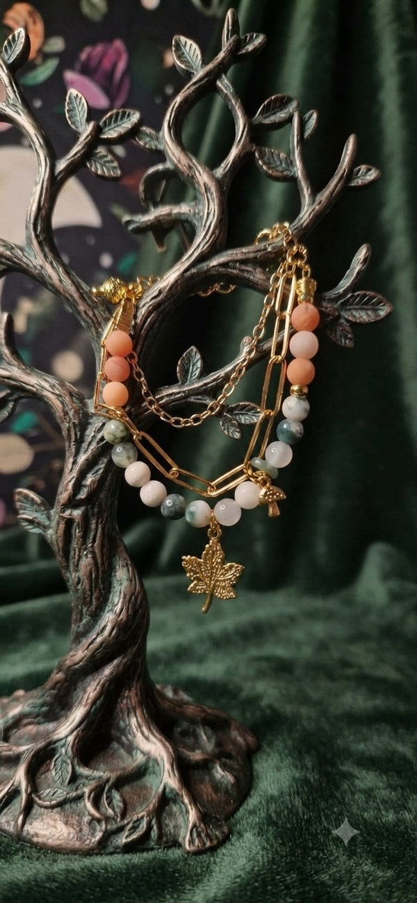 Bracelet Double Rang Tourmaline Rose et Agate Arbre "Canopée Dorée"