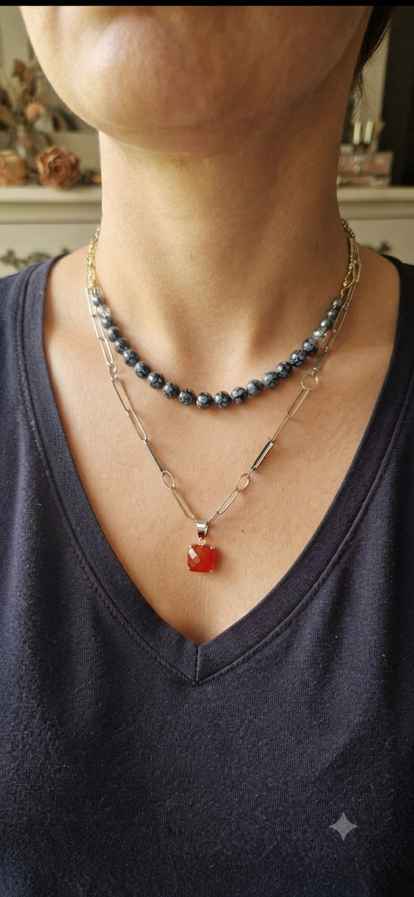 Collier Cornaline, Jaspe Gris Double Rang "Feu de Glace"