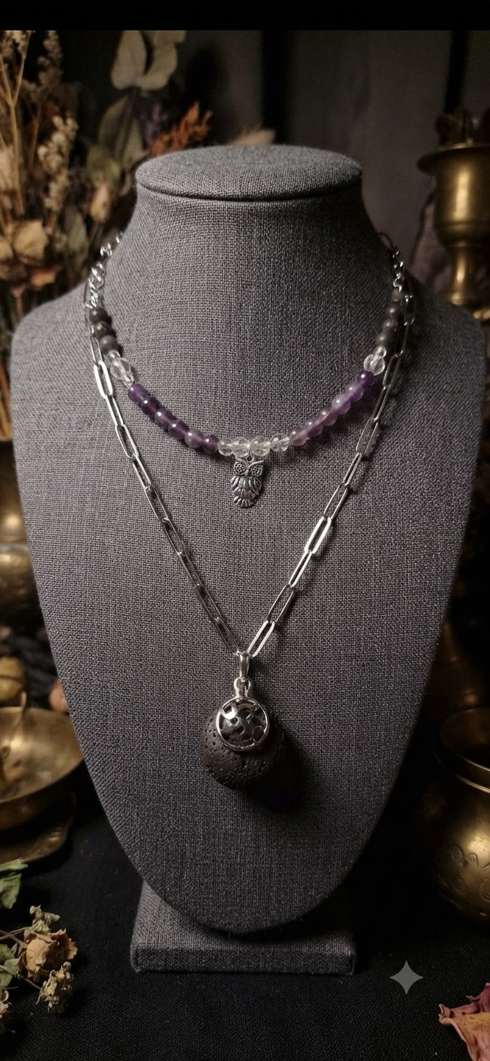 Collier Améthyste, Pierre de Lave Double Rang "Sanctuaire d'Améthyste"