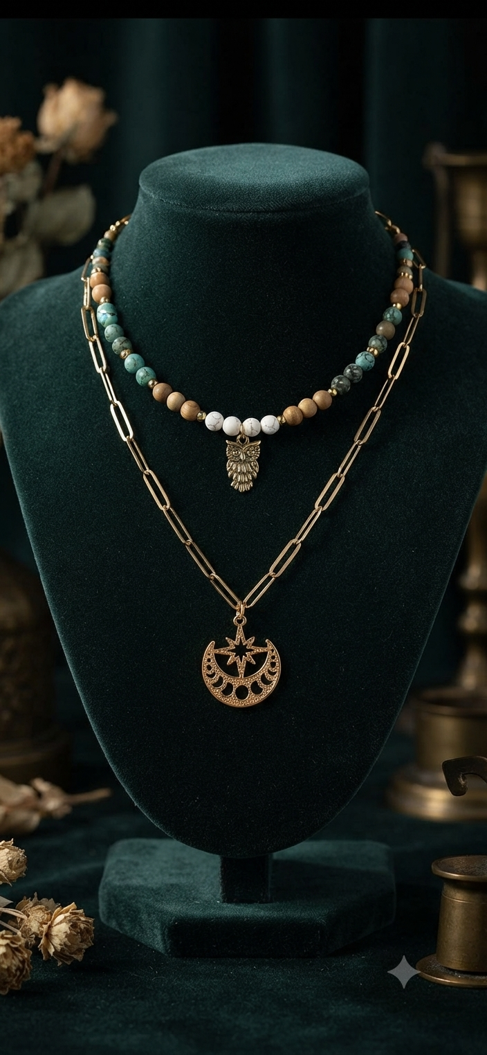 Collier Bois fossile, Turquoise Africaine double rang "Chouette des Bois"