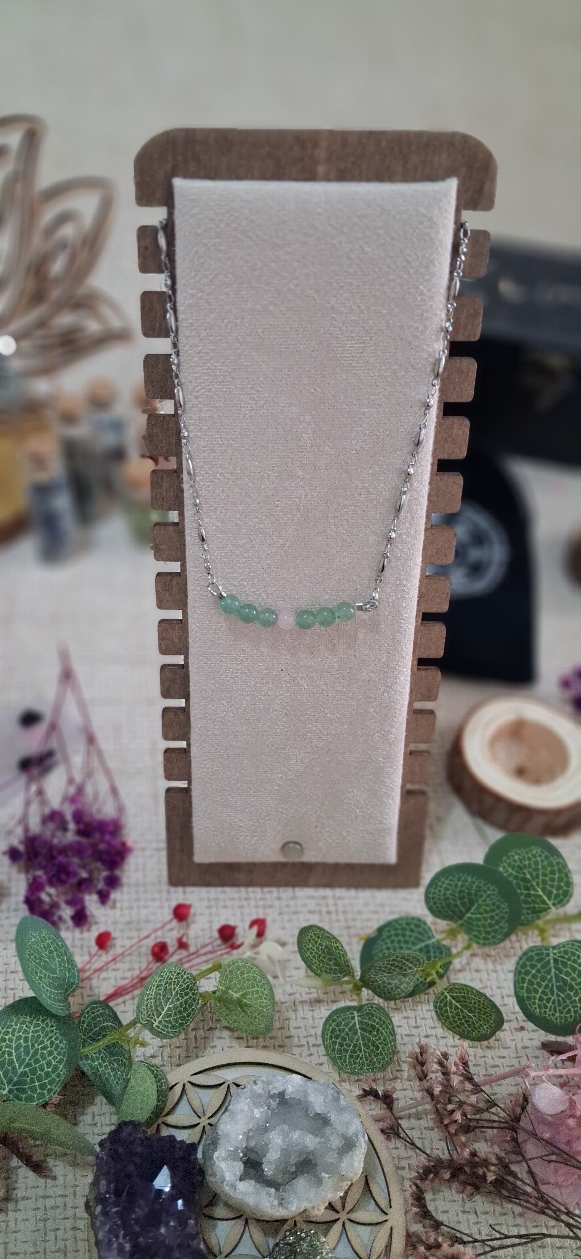 Collier Quartz Rose, Aventurine "Équilibre Vert"