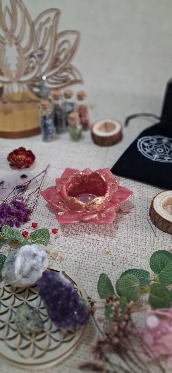 Photophore Fleur de Lotus « Éclosion Sacrée » — Rose & Feuille d'Or