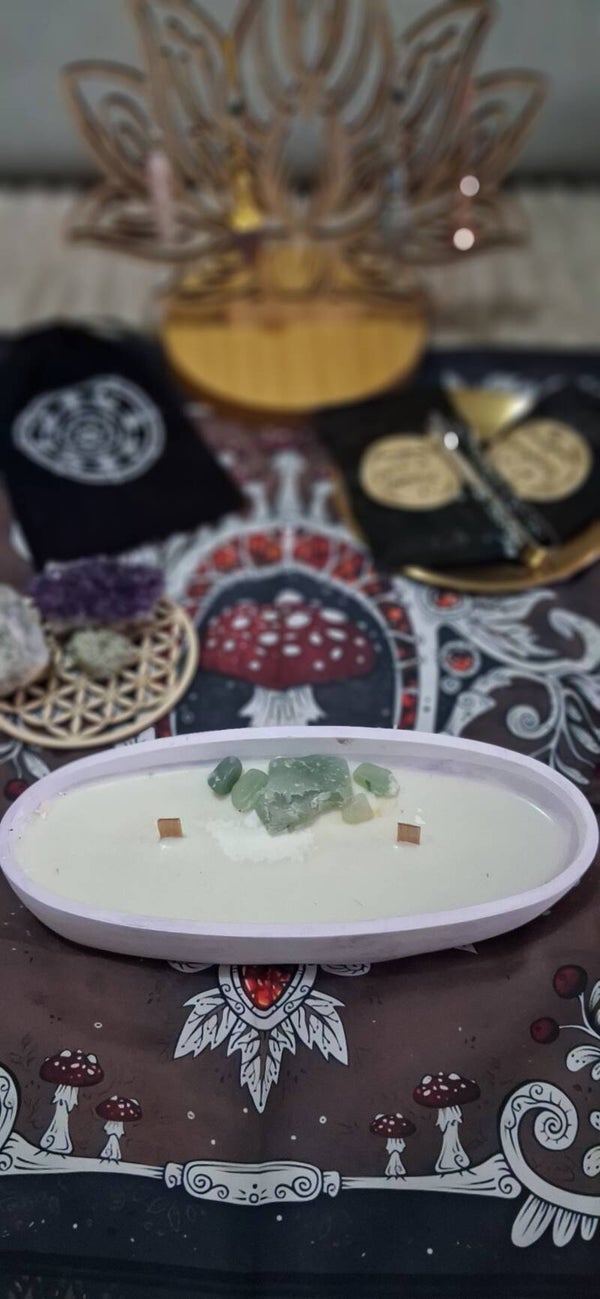 Grande Bougie Ritualisée Ovale « Jardin d'Aventurine » — Pierres Brut & Mèches Bois