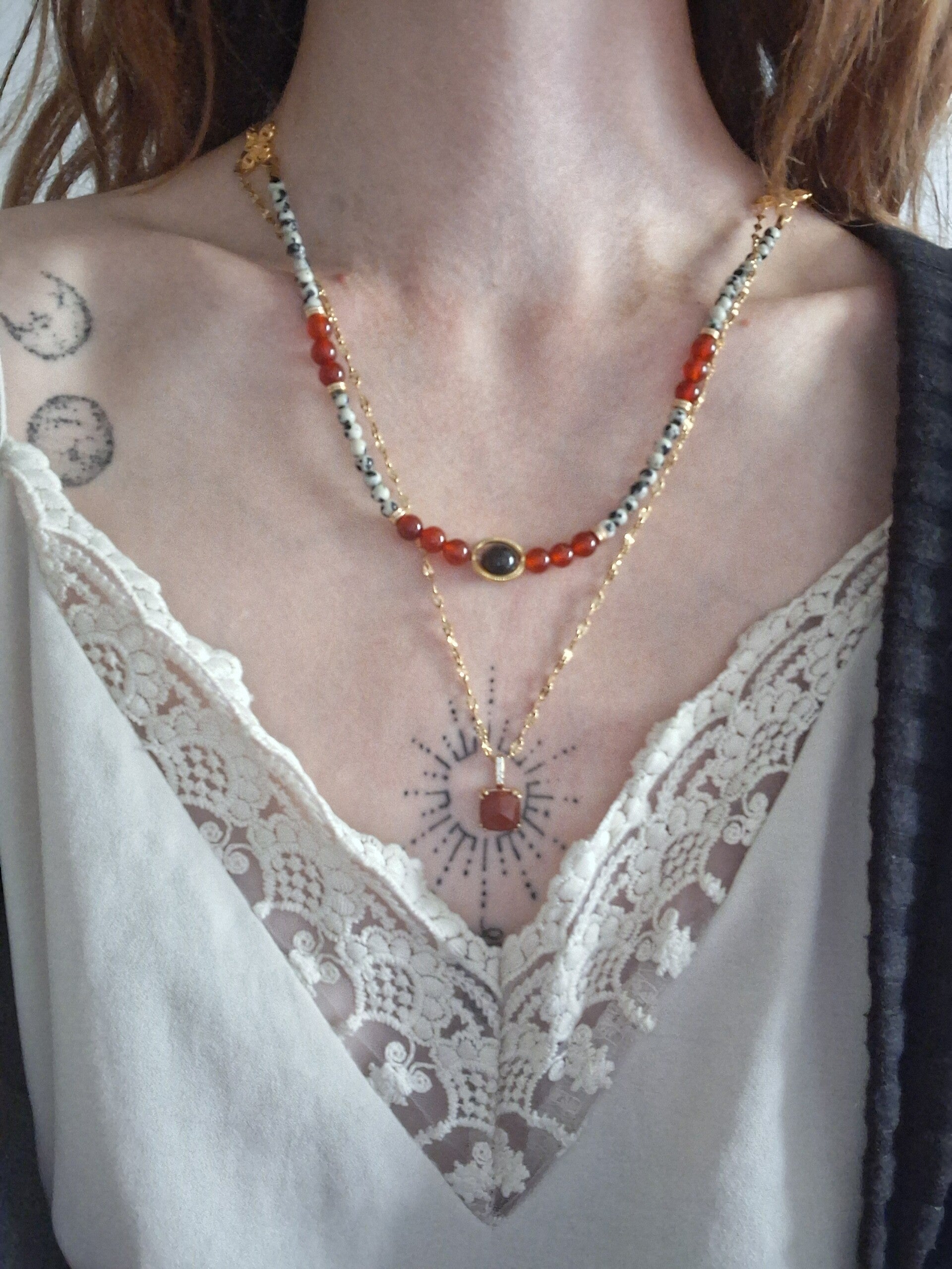 Collier Jaspe dalmatien, Cornaline "Élégance Terrestre"