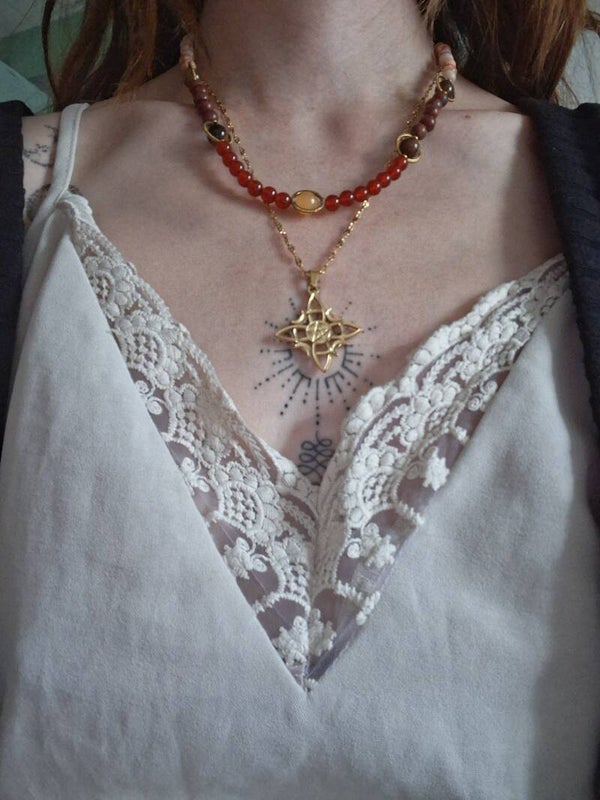 Collier Cornaline et Bois fossile "Aurore Céleste"