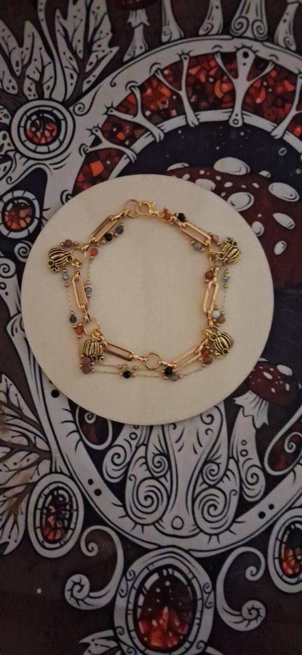 Bracelet Multi-Rang Oeil de Tigre, Pyrite, Tourmaline Rose "Moisson des Citrouilles"