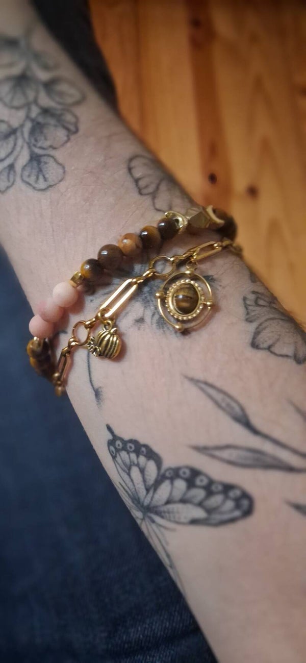 Bracelet Oeil de Tigre et Tourmaline Rose "Magie d'Automne"
