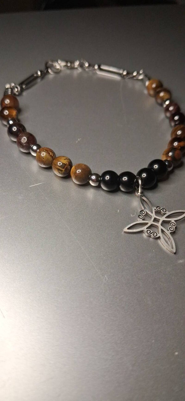 Bracelet Tourmaline, Œil de Tigre, Bronzite "Croix Celtique"