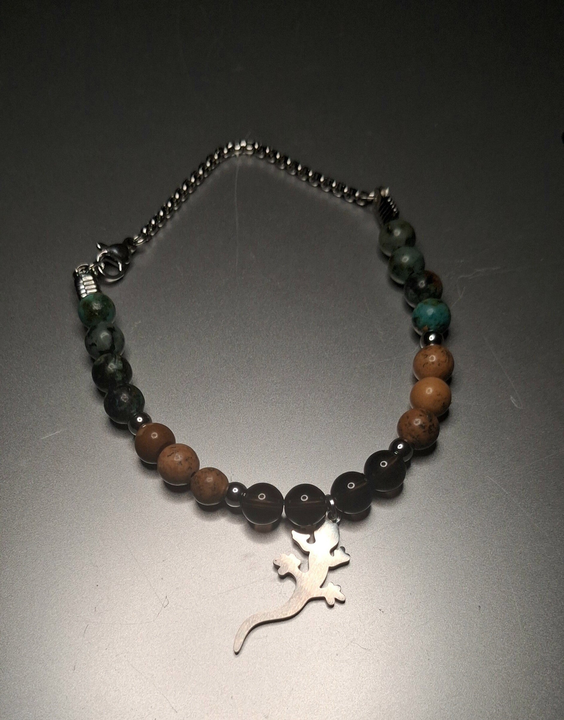 Bracelet Homme Jaspe Terre, Turquoise africaine, Quartz fumé « Esprit Reptilien »