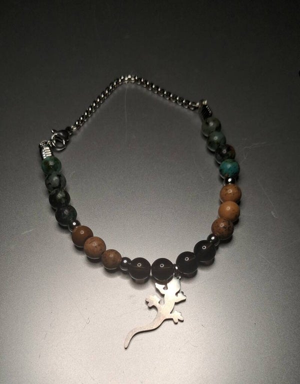 Bracelet Homme Jaspe Terre, Turquoise africaine, Quartz fumé « Esprit Reptilien »