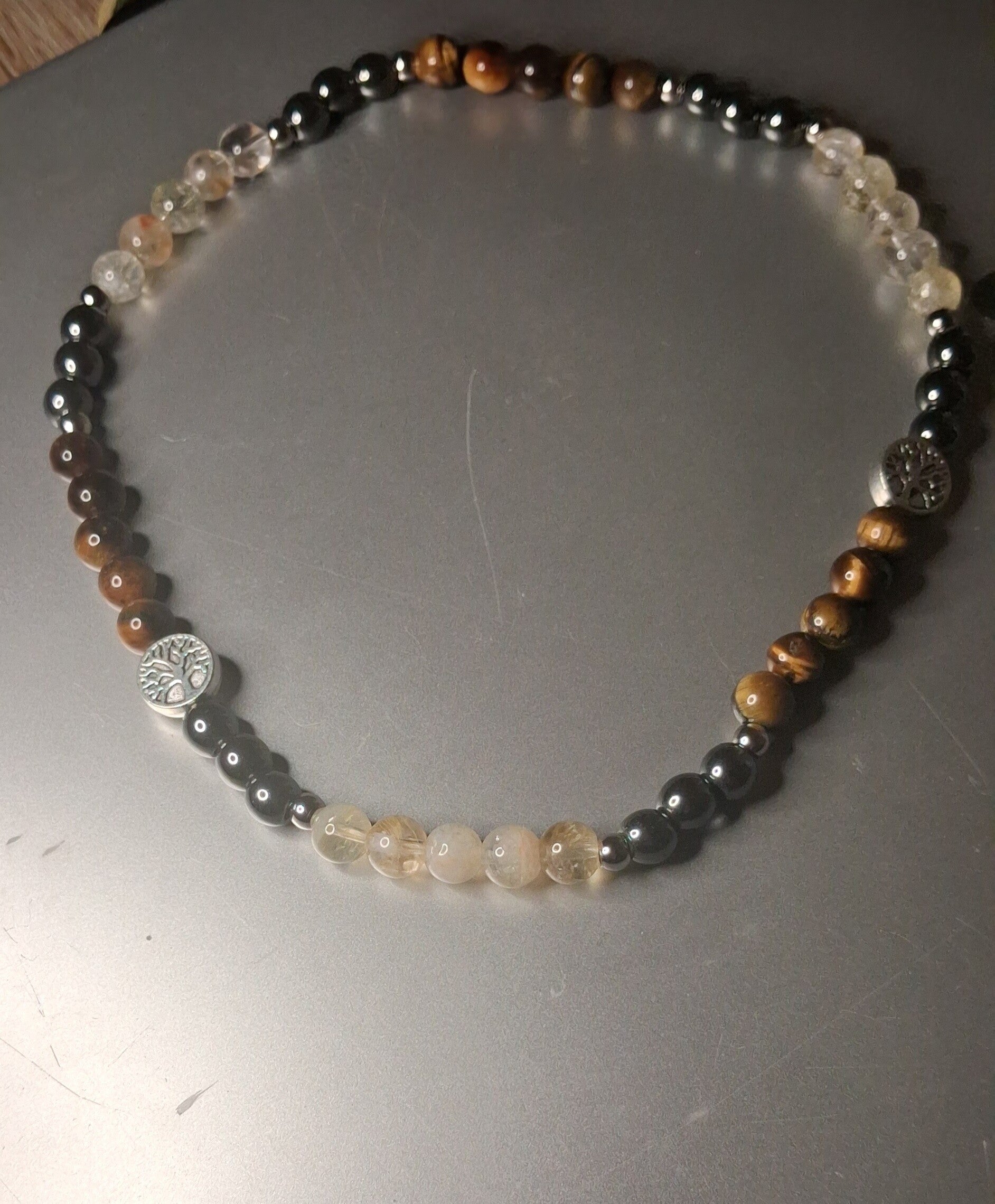 Collier Hématite, Œil de Tigre Citrine "Racines et Lumière"