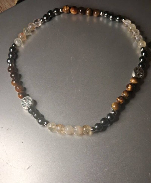 Collier Hématite, Œil de Tigre Citrine "Racines et Lumière"