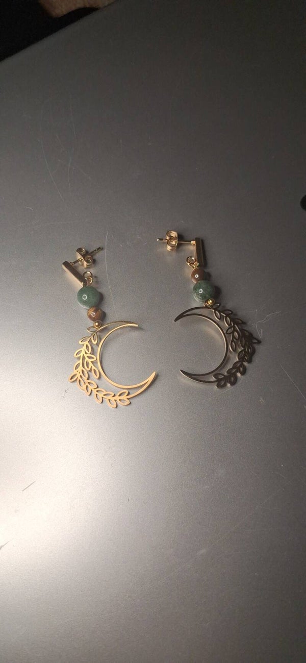 Boucles d'oreilles Agate Mousse, Bois fossile « Séléné Végétale »