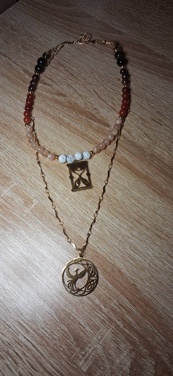 Collier double rang pierre de lave blanche, pierre de soleil, cornaline, grenat « Renaissance Céleste »