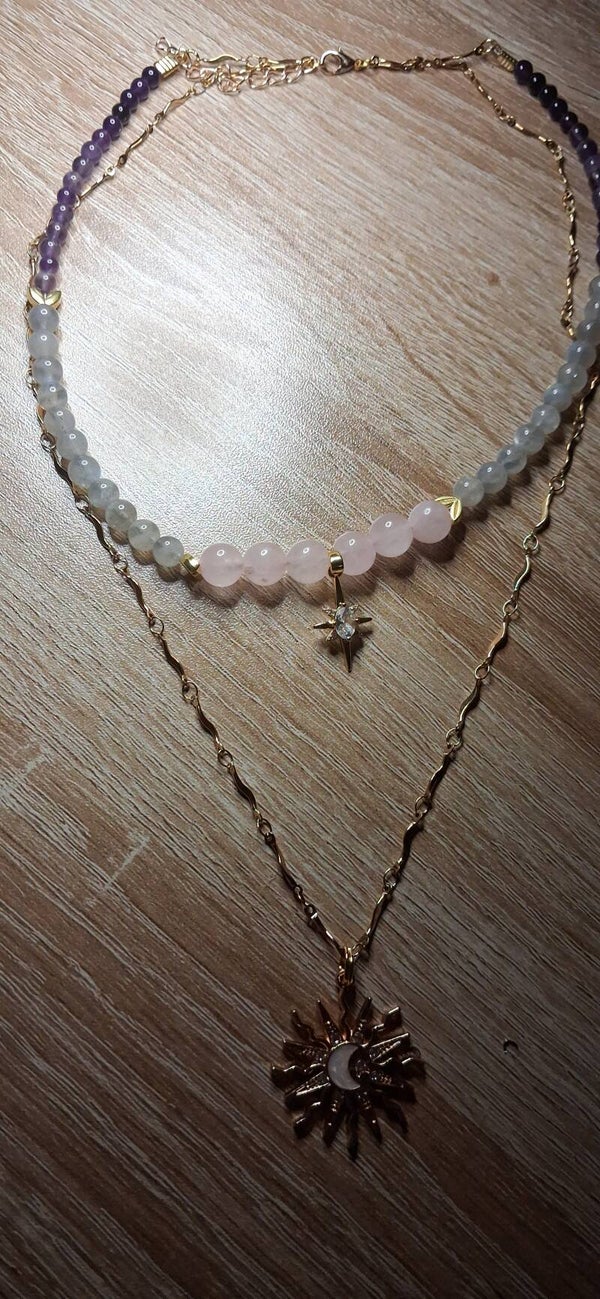 Collier Labradorite, Améthyste, quartz rose "Soleil Mystique"