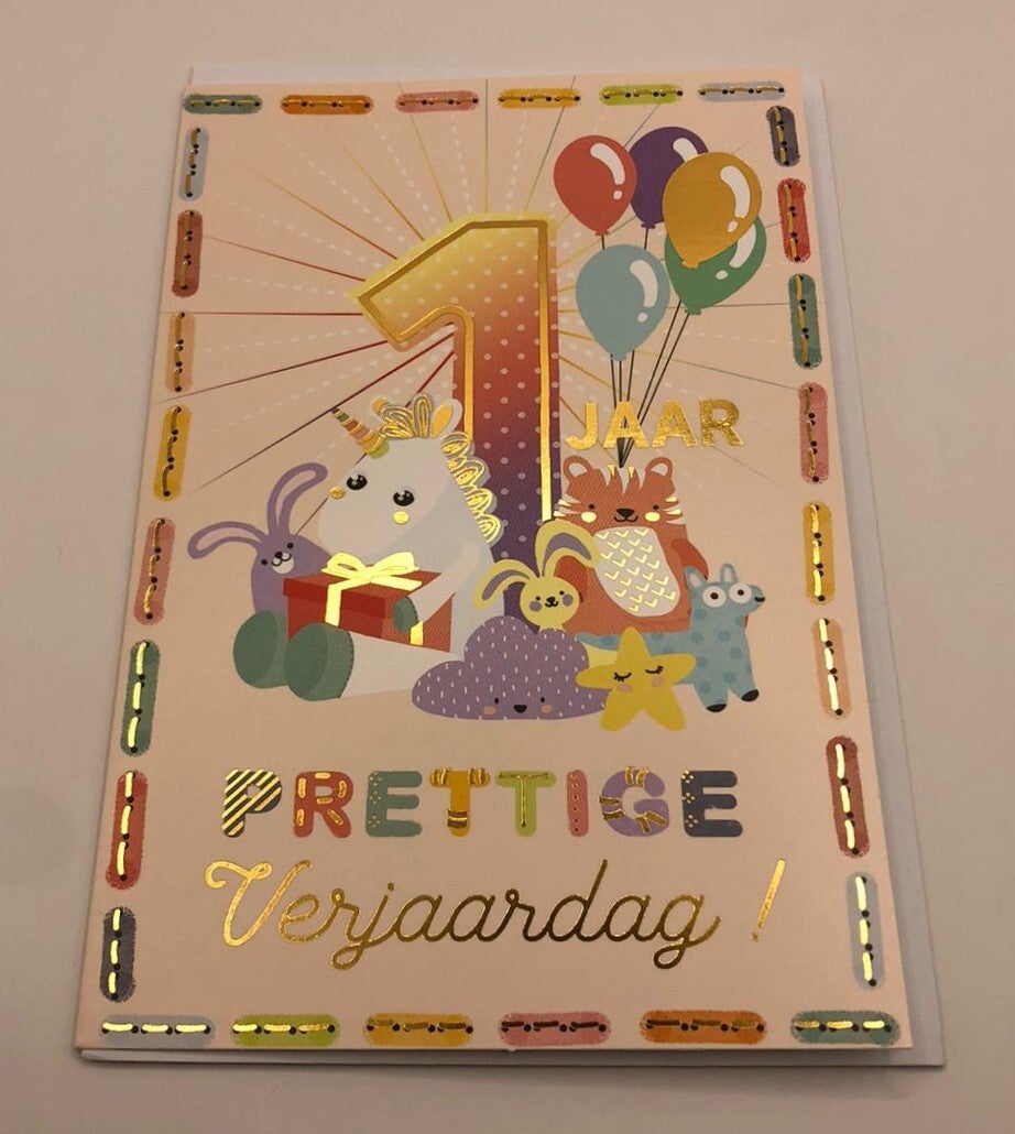 Wenskaart - 1 JAAR - knuffels - Golden AGE