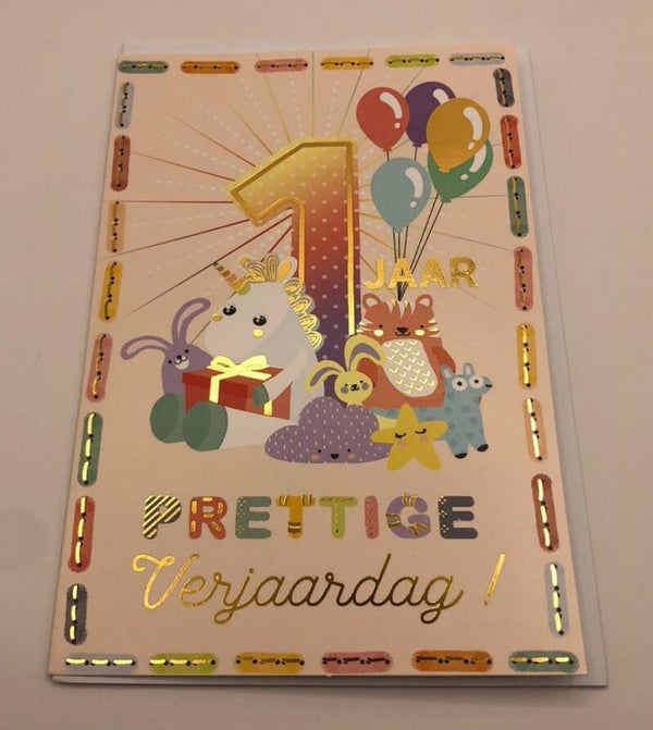 Wenskaart - 1 JAAR - knuffels - Golden AGE