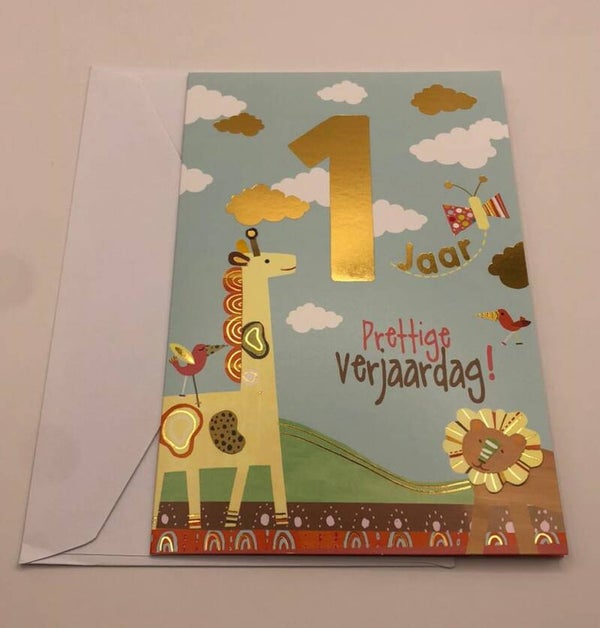 Wenskaart - 1 JAAR - Girraf - Golden Age