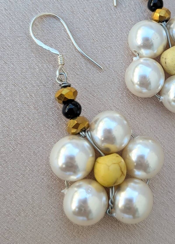 White Pearl Yellow  Agate Daisies, 925 Silver Hooks 0031