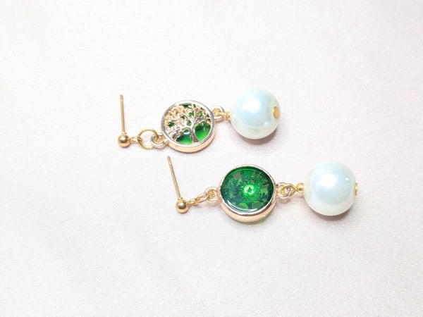 White Round Pearl Green Crystal Findings 0169
