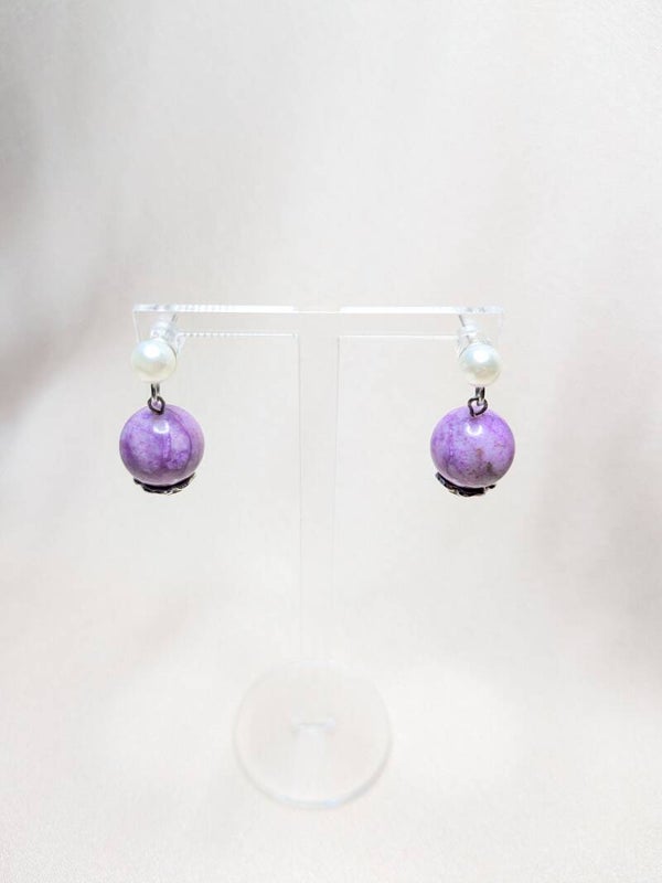 Faceted Purple Round Agat, White Pearl 0210