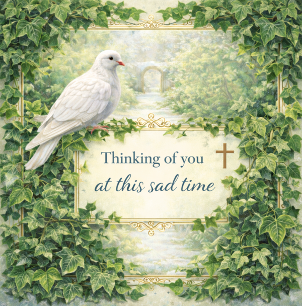 Sympathy card with white dove and lillies.