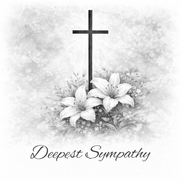 Sympathy card with white lillies and cross.