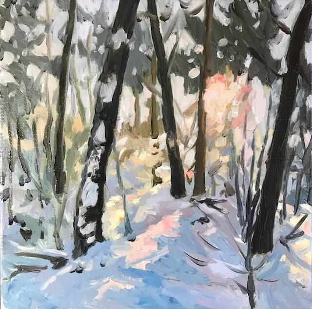 Verkocht bij Galerie Tom Lucassen | Het licht op de sneeuw | Olieverf op doek | 20 bij 20 cm | © 2021