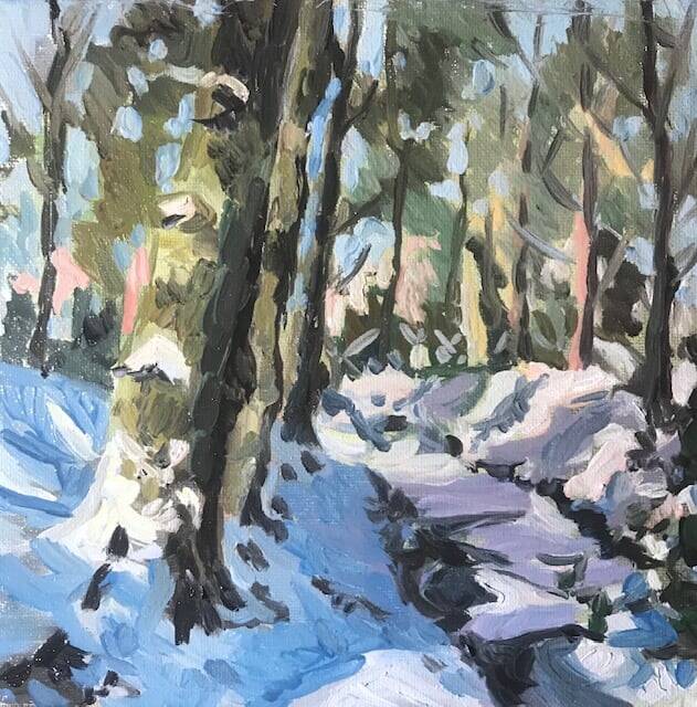 Verkocht | Sneeuw bij de spreng | Olieverf op doek | 20 bij 20 cm | © 2021