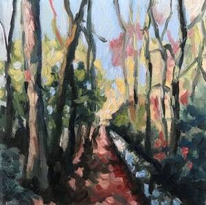 Verkocht | Het bos bij de spreng | Olieverf op doek | 15 bij 15 cm | © 2020