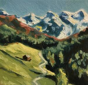 Verkocht | Het huisje bij de berg | Olieverf op doek | 20 bij 20 cm | © 2020