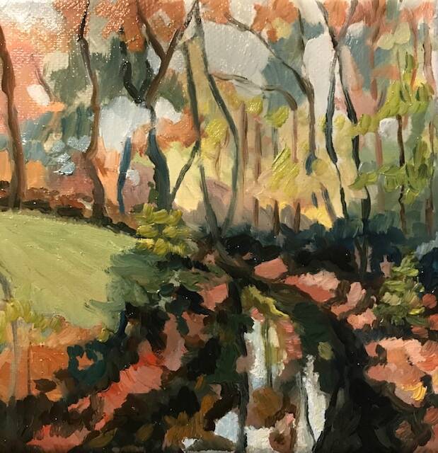 Verkocht | Het natte bos | Olieverf op doek | 15 bij 15 cm | © 2020