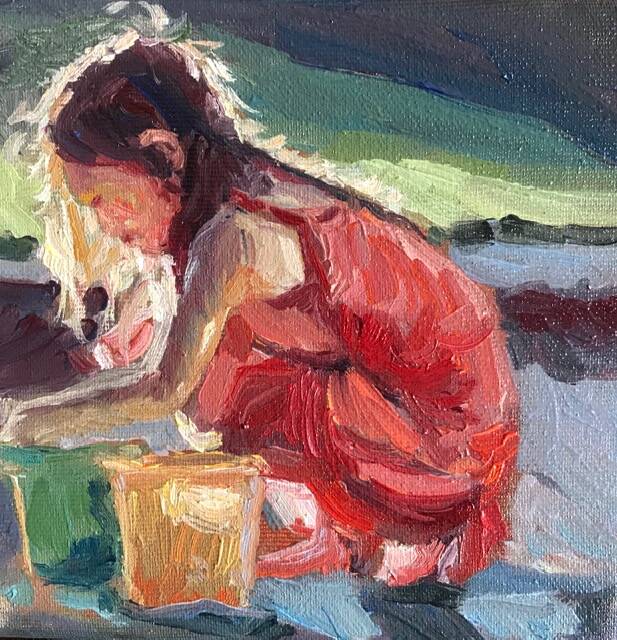 Verkocht | Het meisje met het emmertje | Olieverf op doek | 20 bij 20 cm |  © 2020