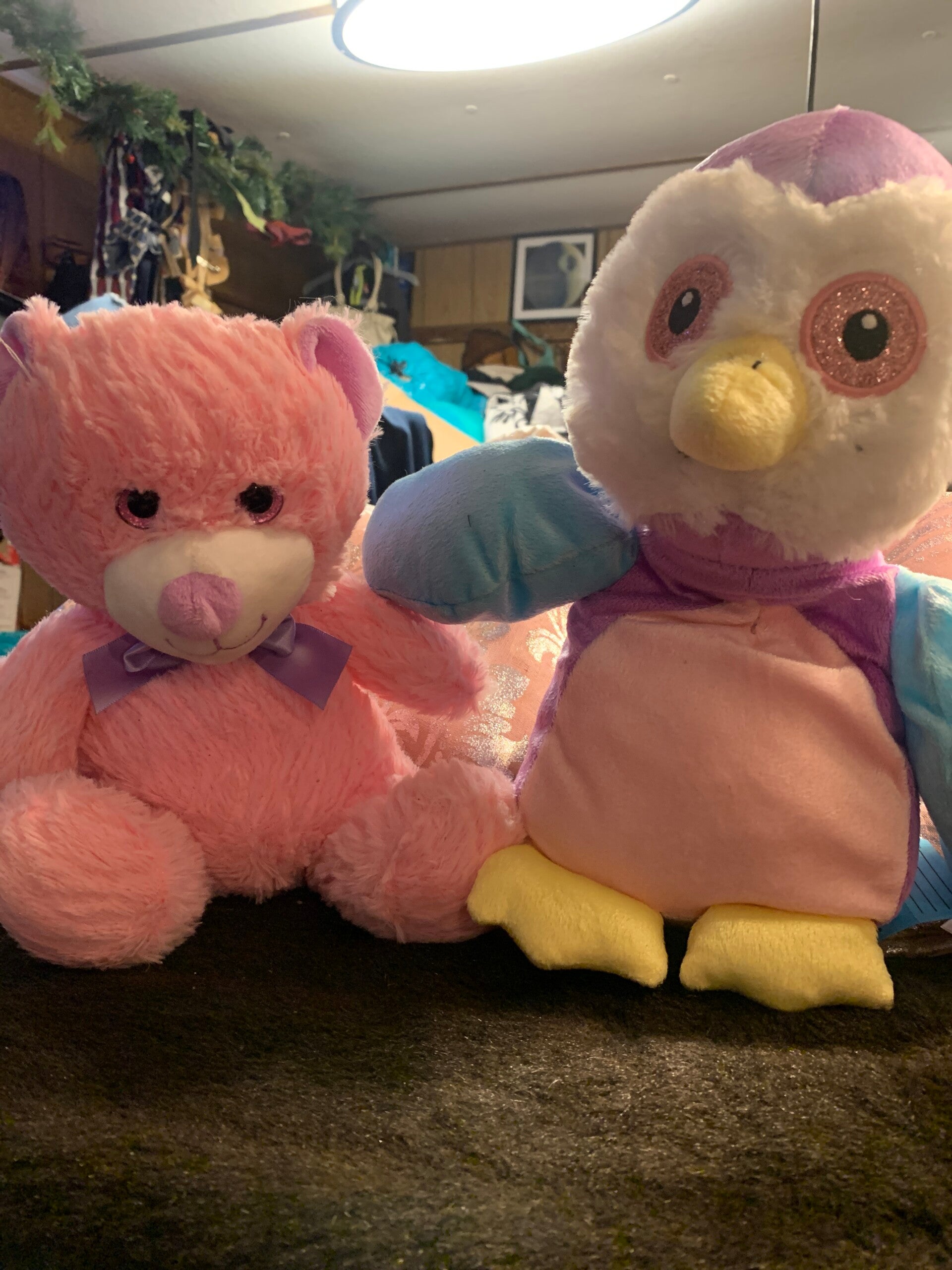 Plush bear and owl stuffed animals