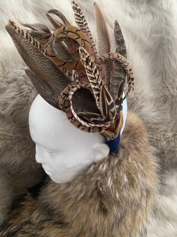 Real Feather Fascinator Headband Navy