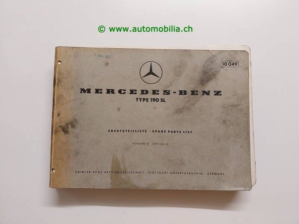 Mercedes-Benz 190 SL (W121) Ersatzteilliste – Original Werkstatthandbuch Ausgabe D (10 049)