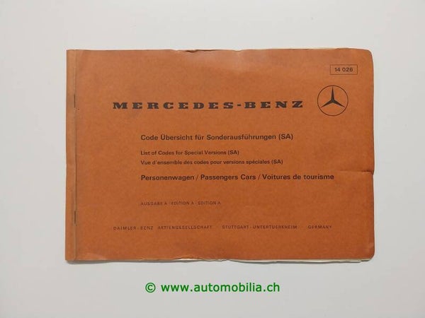 Mercedes-Benz Code Übersicht für Sonderausführungen (SA) – Werkstatthandbuch / Original Ausgabe A (14 026)
