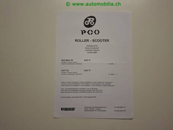 PGO Big Max 50 / Hot 50 Roller/Scooter Preisliste 1998