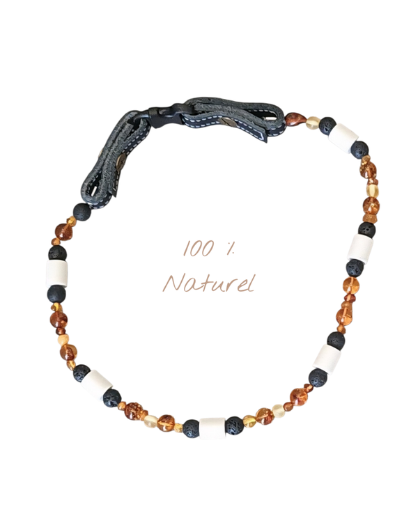 collier naturel chien-tiques & puces -ambre & céramiqueEM