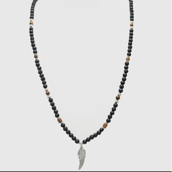 Collier pour homme, pierre volcanique & aile d’ange