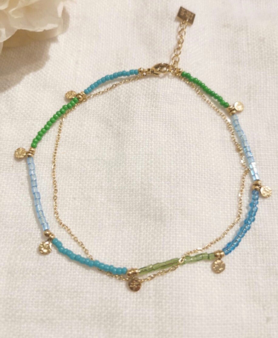 Chaîne de cheville verte, bleu & doré