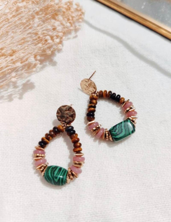 Boucles d’oreilles, pierre, multicolore et doré