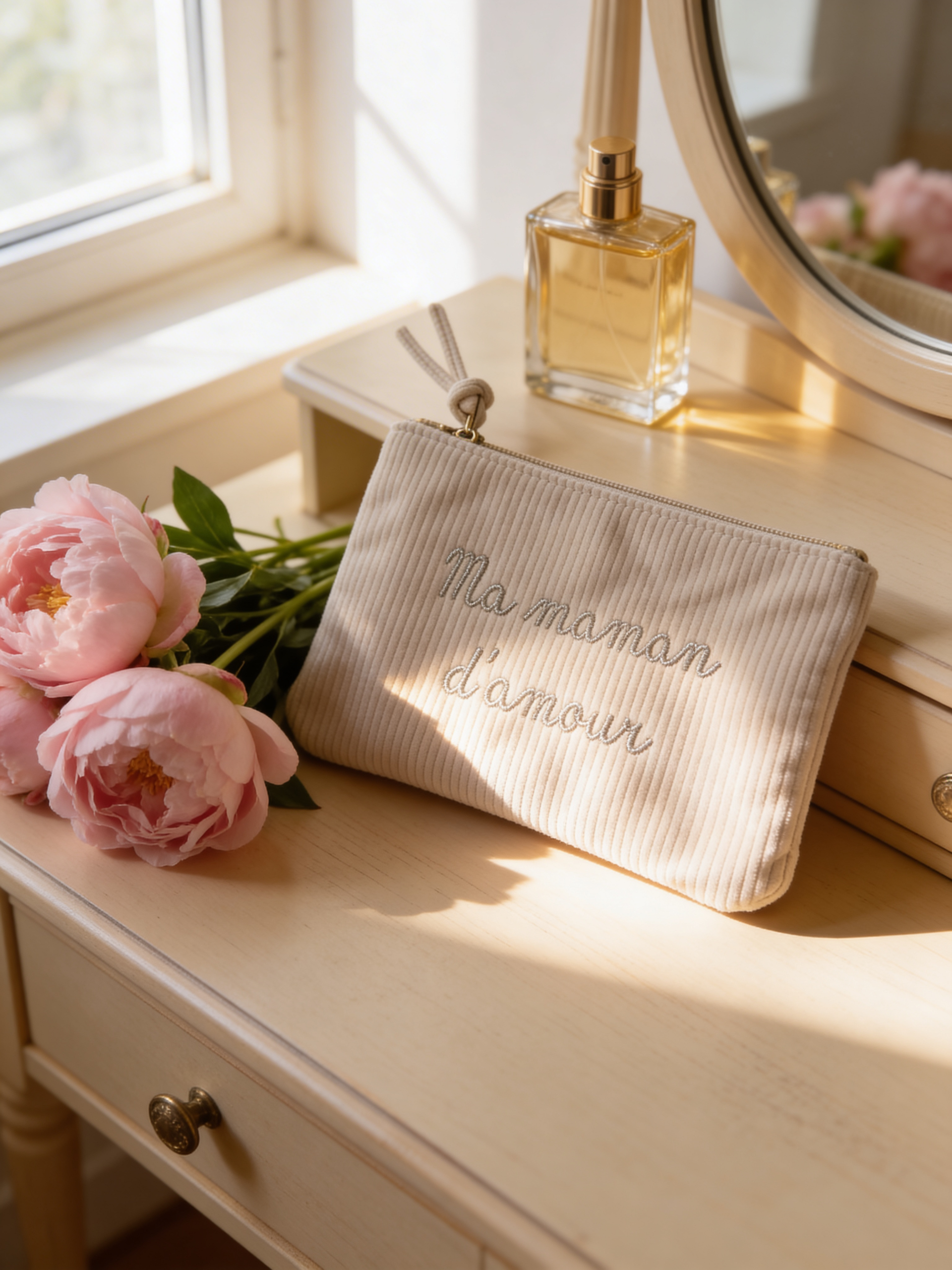 Pochette côtelé ma Maman d’amour rose Claire