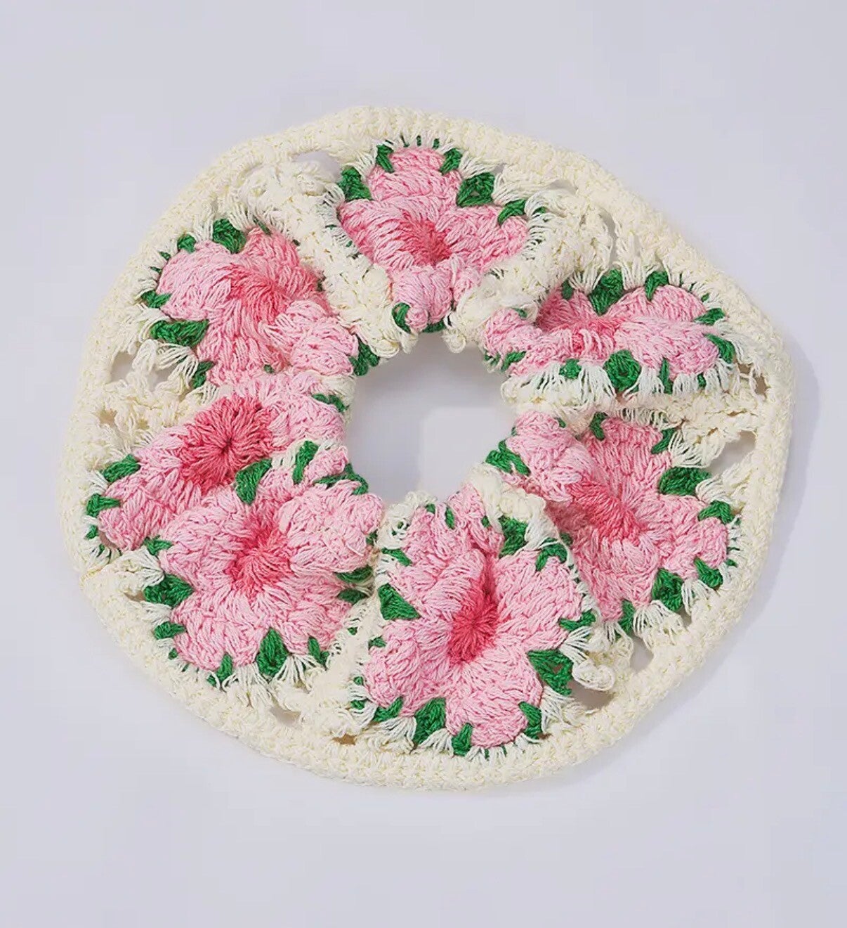 Chouchou au crochet écru et fleurs 💚
