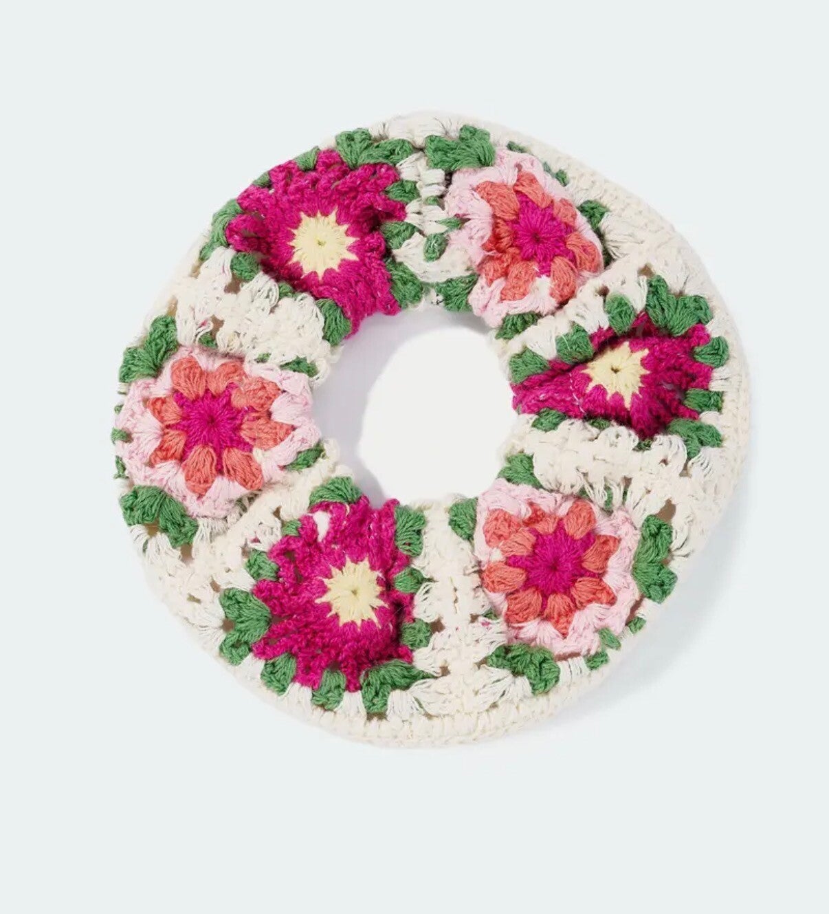 Chouchou au crochet, violet et fleurs roses 🩷