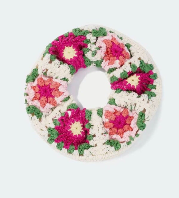 Chouchou au crochet, violet et fleurs roses 🩷