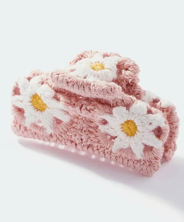 Pince à cheveux en crochet, rose pâle & fleurs 🌸